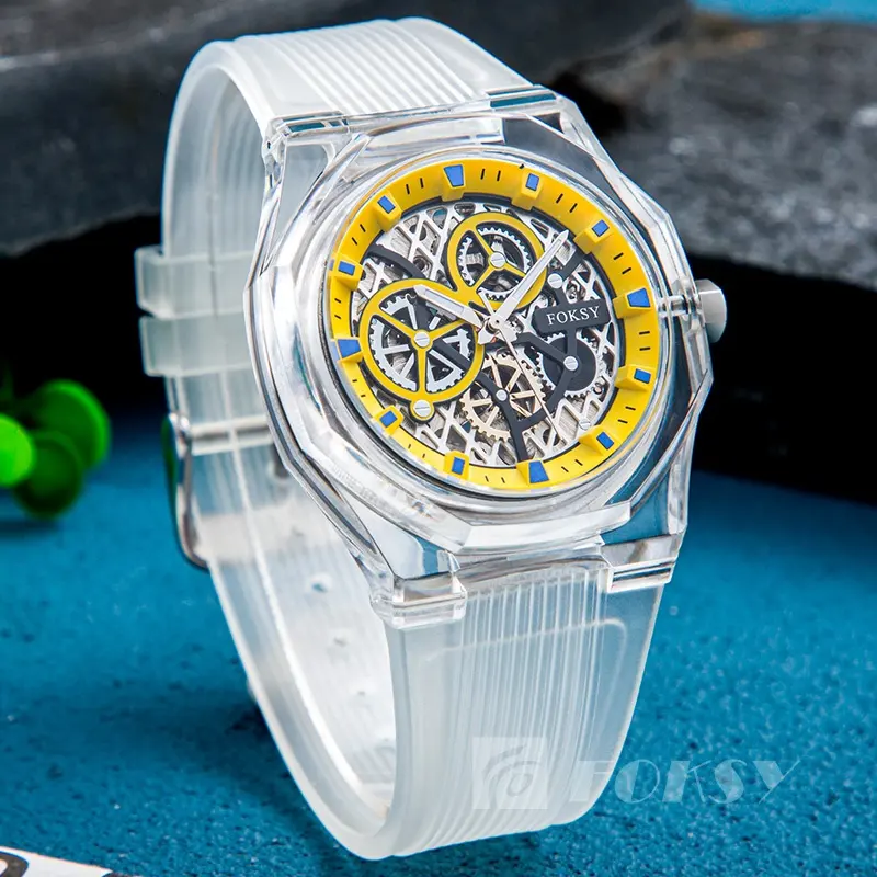 Individuelles Design Ihrer eigenen hochwertigen Armbanduhr mit Logo luxus Skelett automatische mechanische transparente Kunststoffuhr für Herren