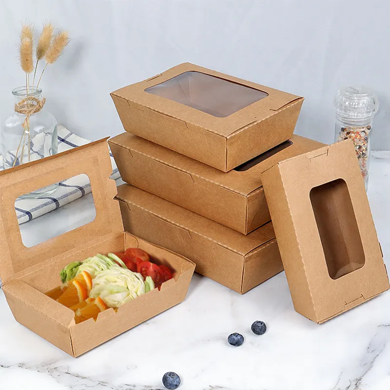 Caja de embalaje desechable para comida rápida, contenedor de papel reciclable personalizado para llevar comida, con ventana, venta al por mayor