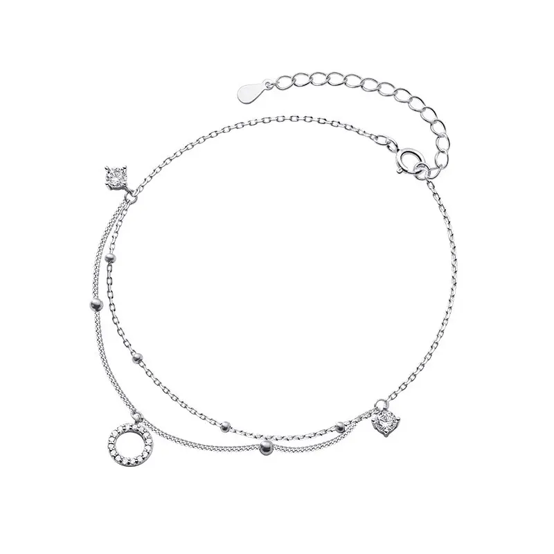 925 Sterling Silver Double Layered Small Beads Clear Zircon Circle Sexy Ankle Feet Chains Original Foot Chain Sparkling Jewelry