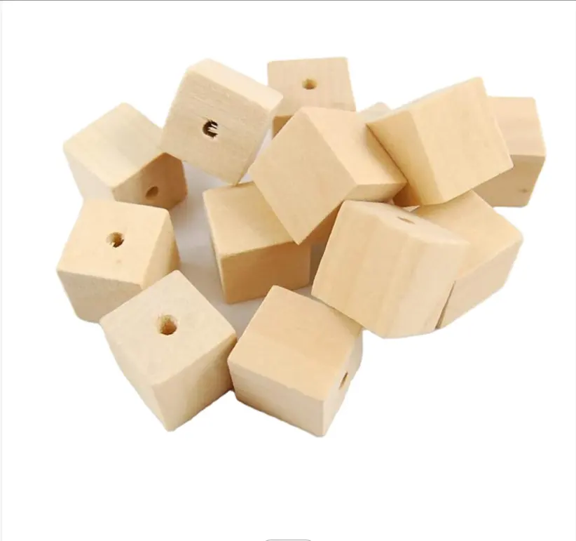 20 Pcs Unfinished Wooden Solid Square Block Wood Cubes With Holes For DIY Project