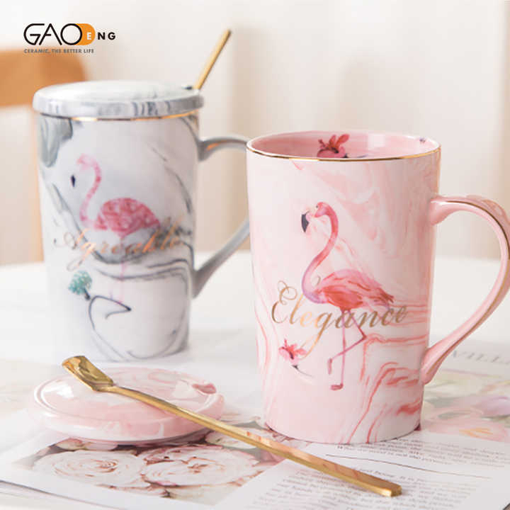 Keramische Gift Mok Paar Mok Nieuwe Bone China Marmeren Ontwerp Thee Mok Met Deksel En Lepel