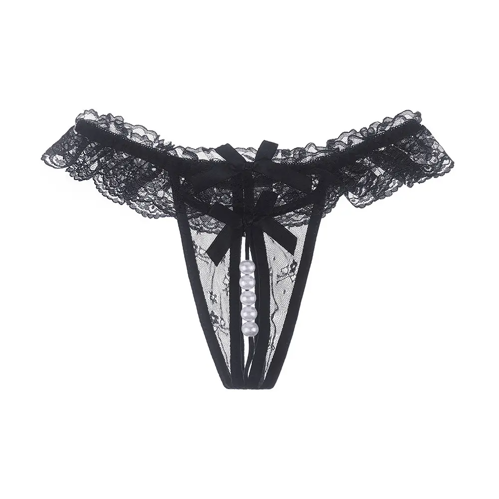 Lace Pearl Beading Panties Sexy Women's Underwear Briefs Lingerie Transparent for Sex Low Waist with Bow Canvas Thin Knitted