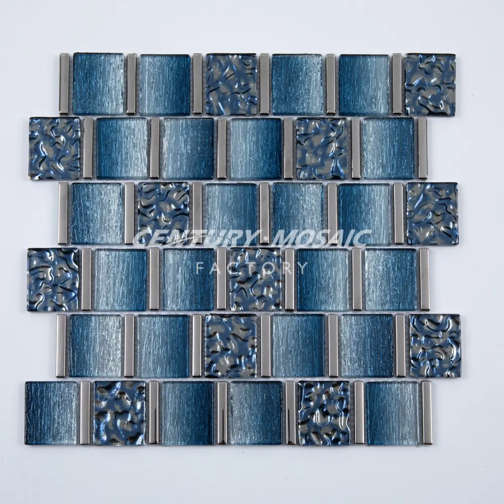 Cent mosaïque de verre carré de couleur bleue laminé électroplaqué Surface brillante mosaïque carrelage salle de bains prix de gros