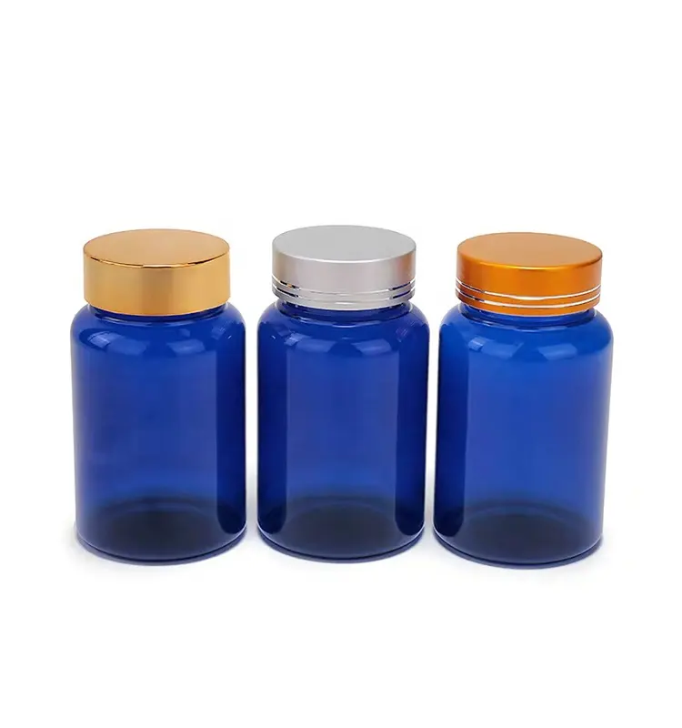 Blue Plastic Pill Bottles With Gold/Silver Lid Custom Label Stock Medical Bottles Capsule Bottles