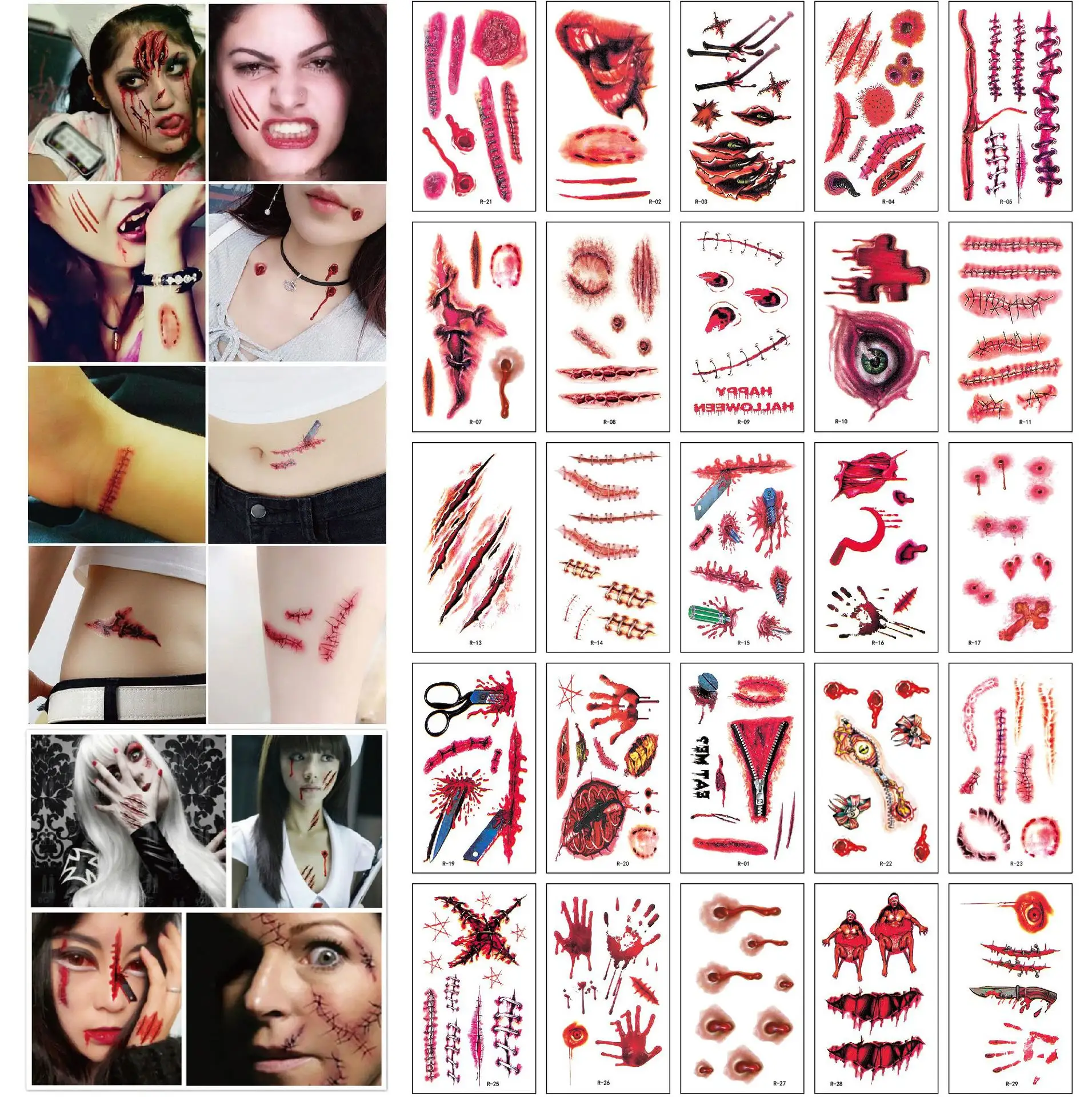 30 adet cadılar bayramı skar geçici dövmeler korku zombi makyaj gerçekçi yara dikiş su geçirmez dövme çıkartmalar kadın erkek için