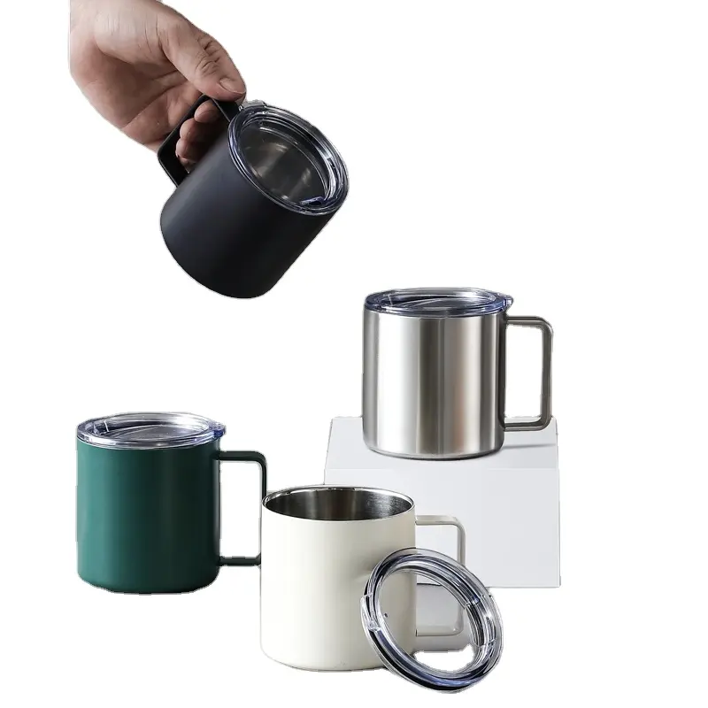 coffee cup set of 4 with stir spoon&antislip mat double layers stainless steel mugs with transparent lid SS 304 thick walls