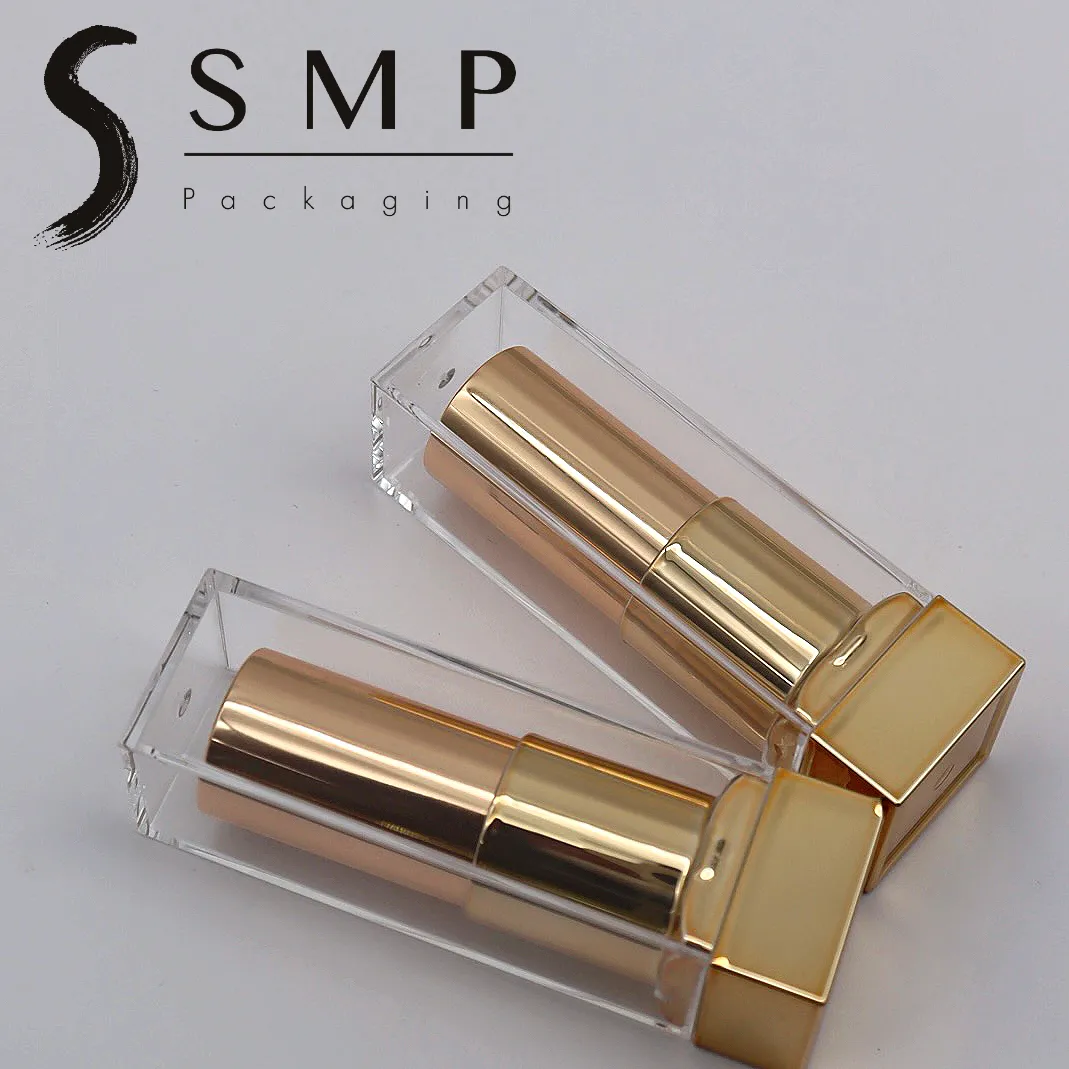 SMP Großhandel Tube für Lippenstift Frosted Plastic Cover Square Golden 3,5g Lip gloss Tube