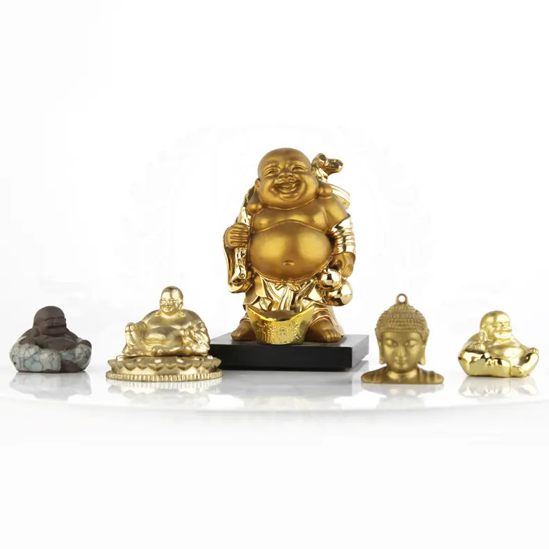 Estatua de Buda de resina dorada personalizada, pequeños adornos de Buda que ríe, decoración para el hogar