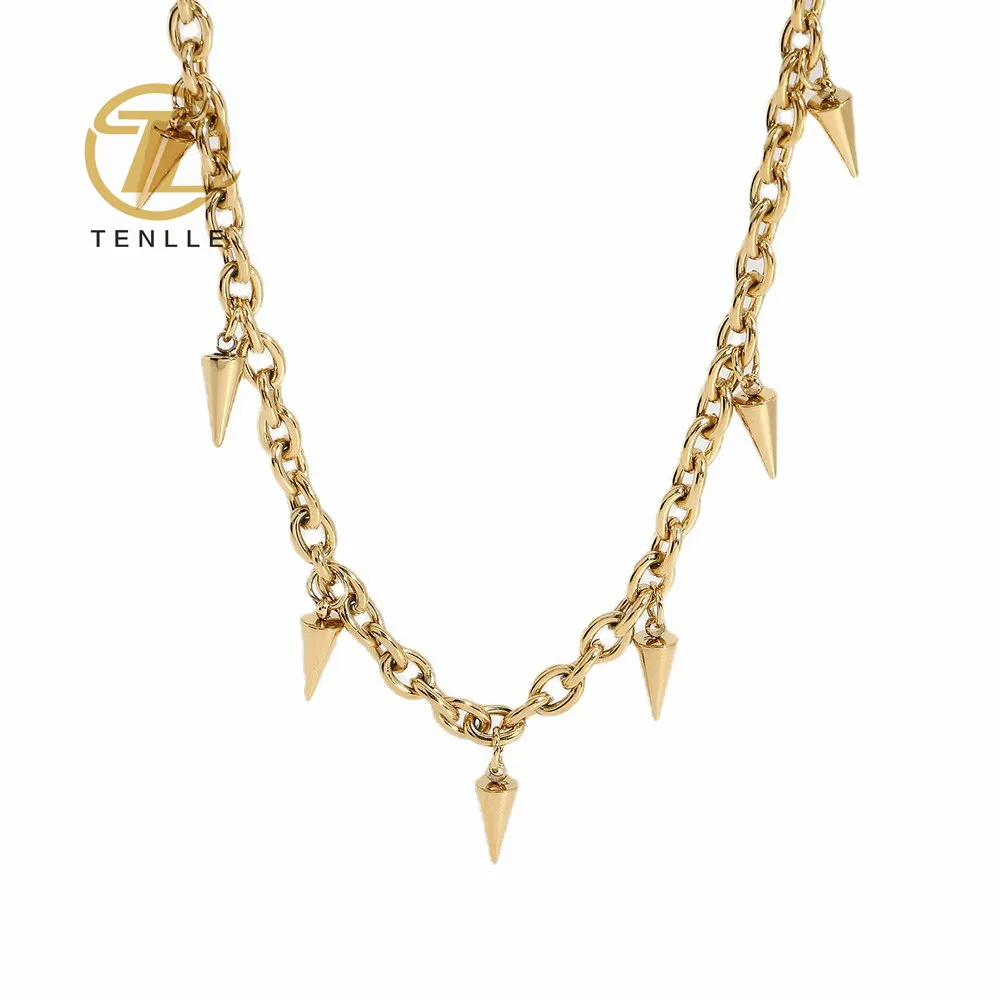 Personality stainless steel necklace 14K gold cone riveted pendant single layer necklace neck chain