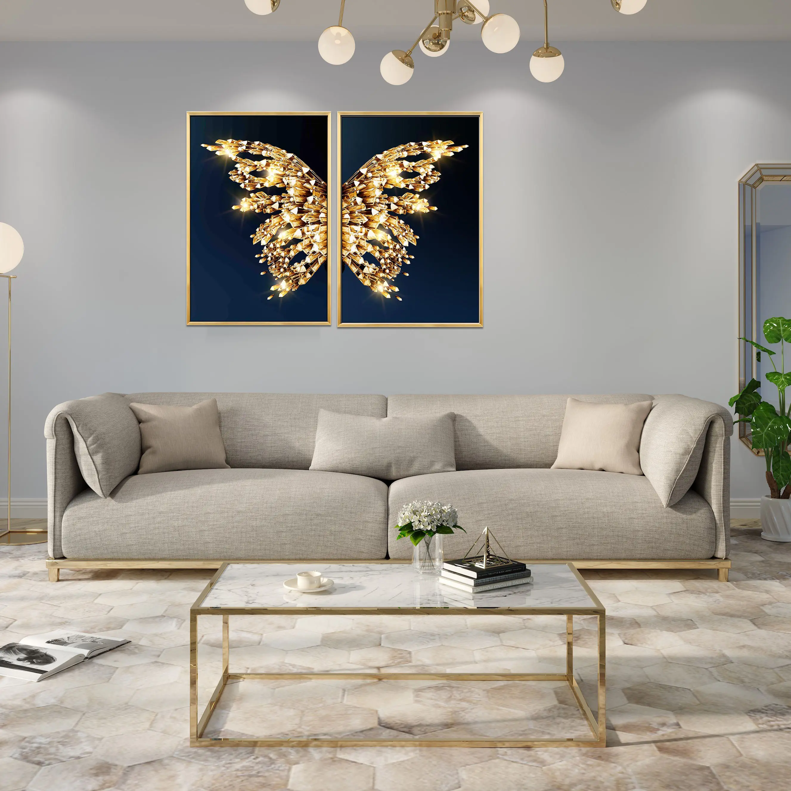 Pintura de mariposa de estilo Art Deco de lujo, arte de pared enmarcado de sala de estar abstracta para madera, pinturas de decoración del hogar a la venta