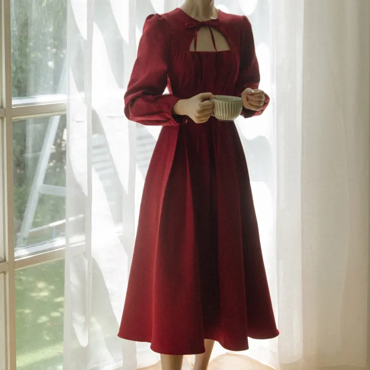 Donne personalizzate autunno inverno maniche lunghe piazza cravatta collo moda abito Midi pieghettato Vintage solido rosso vestito Casual per le signore