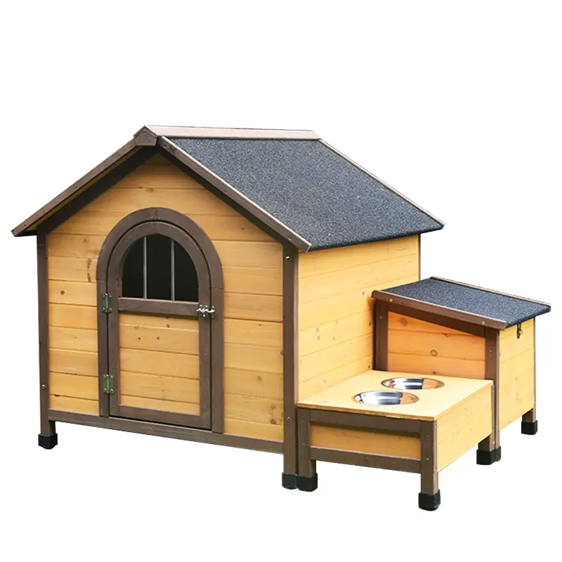 Wholesale Outdoor Dog House Villa Rain-proof Anti-corrosion Sun with Food Water Basin Solid Wood Dog Kennel