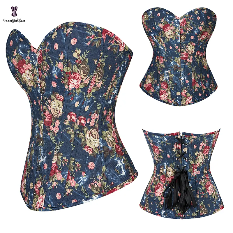Front Busk Closure Women's Jeans Bustier Plus Size S-xxl Dark Blue Demin Corset Tops With G String