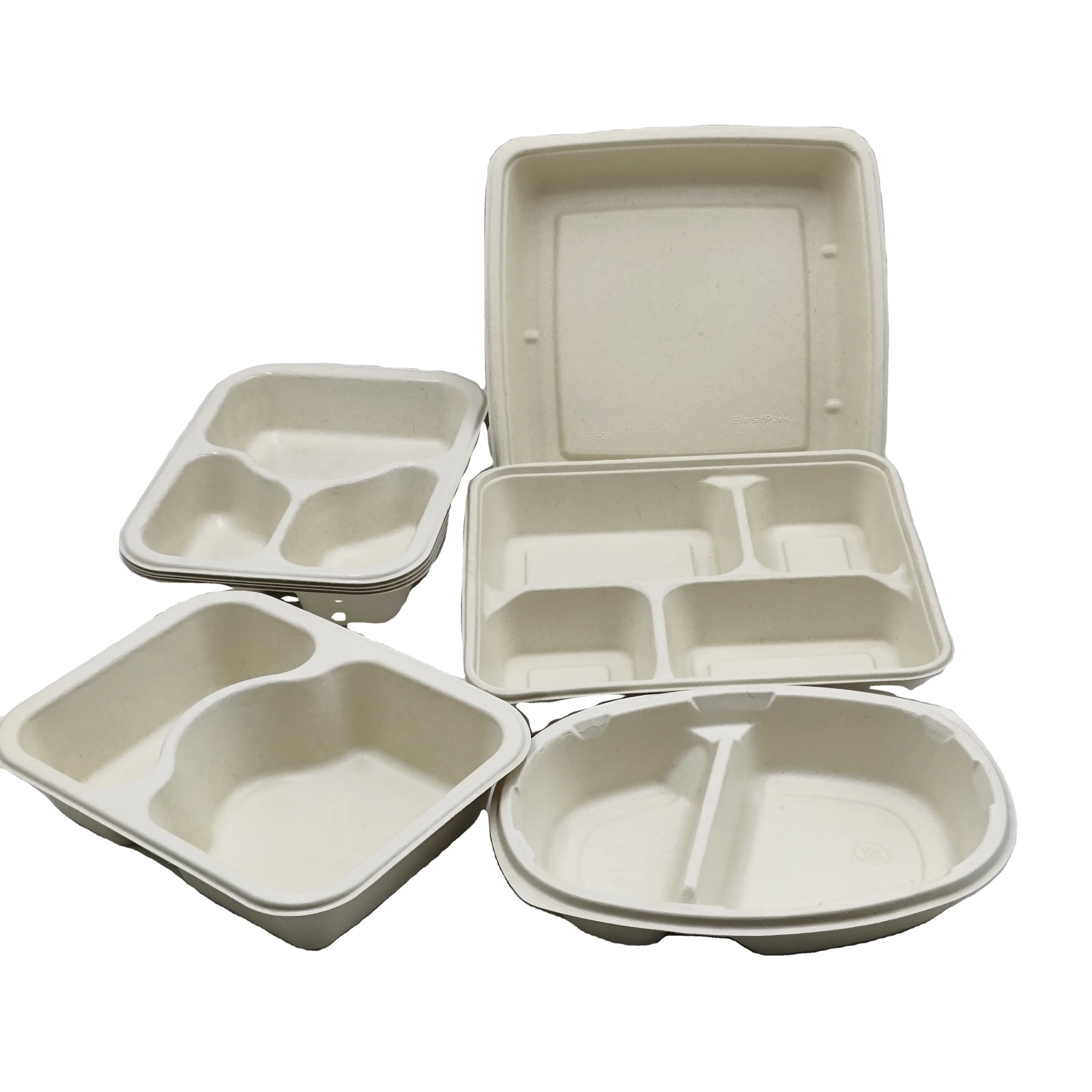 Set alat makan sekali pakai Biodegradable 9-Cell dengan kotak makan siang buatan Bagasse ramah lingkungan termasuk tutup