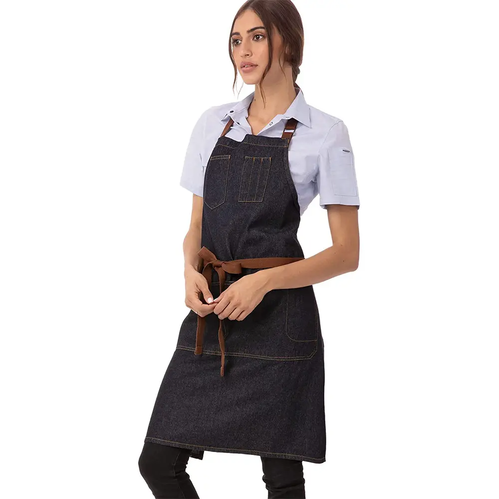 Avental jeans simples com pescoço pendurado, cinto alongado, roupa de cozinha, restaurante, trabalho, europeu e americano, logotipo masculino e feminino