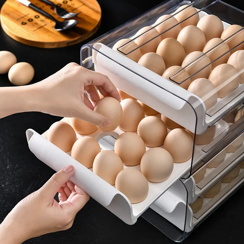 Caja de almacenamiento transparente para transporte de huevos, contenedor de 32 huevos de doble capa de cristal para nevera