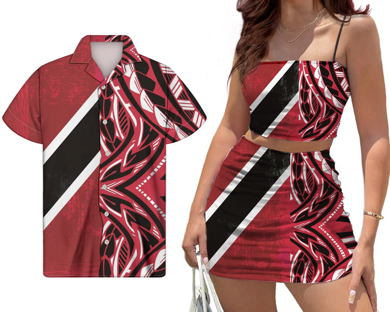 블랙 레드 부족 폴리네시아 트리니다드 토바고 플래그 사용자 정의 인쇄 여성 섹시한 미니 스커트와 튜브 탑 경기 남성 셔츠 2Pcs 세트