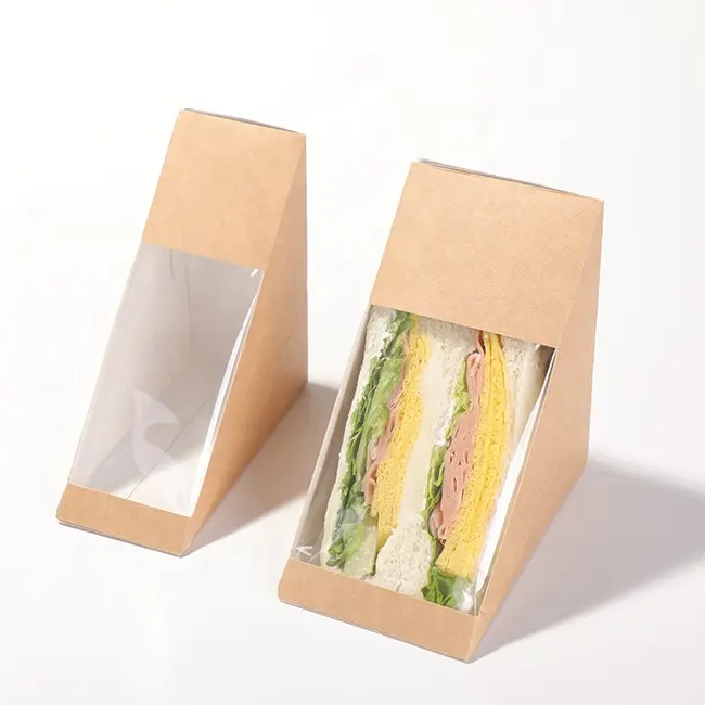 Boîte à gâteau triangulaire unique Sandwich Fromage Pizza Tranche Boîte Emballage au four Carton de papier Kraft avec fenêtre transparente