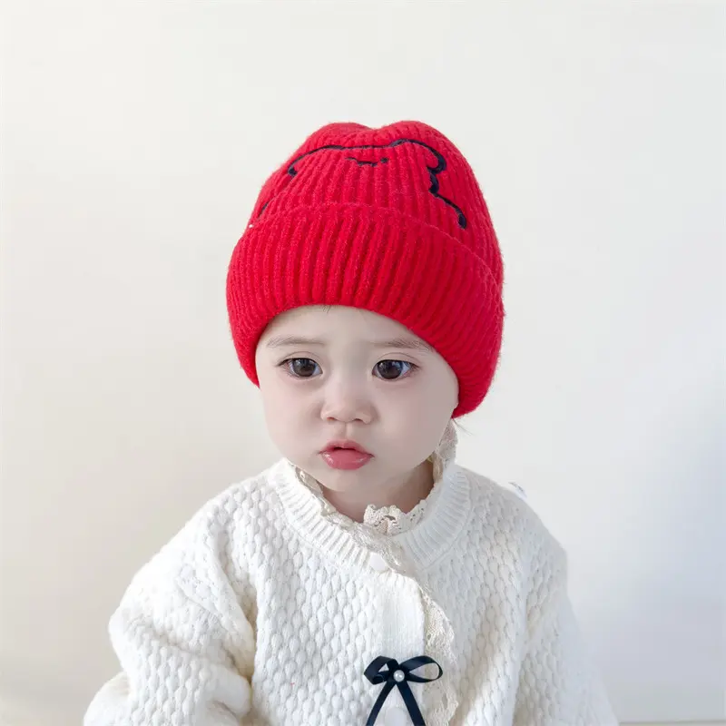 Custom Kids Winter Muts Geborduurde Beer Wollen Kinderen Bennie Hat Schattige Casual Warme Baby Gebreide Muts