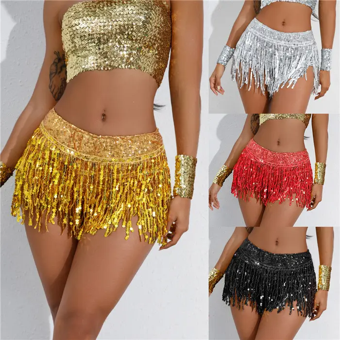 Roupa de saia de lantejoulas com franjas para dança latina, shorts de lantejoulas com franjas para mulheres, fantasia de bar.