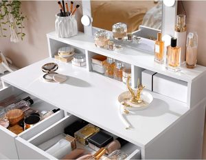 Popular Modern Vanity Desk, Mirror with <strong>LED</strong> Lights,with 2 Drawers and 3 Open Compartments - Product Image 3