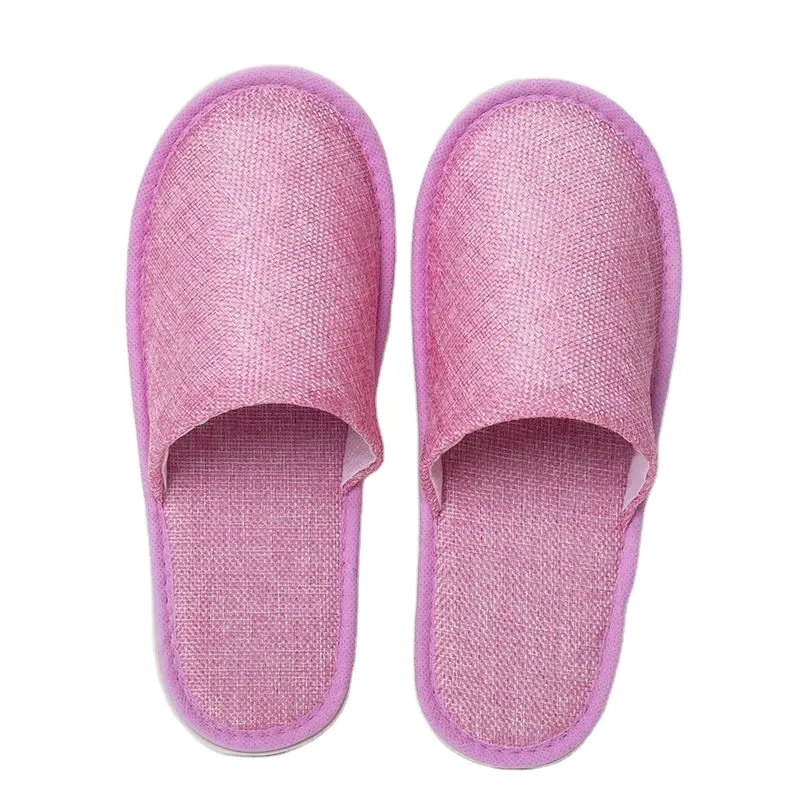 Personalizado personalizado EVA Sole Pink Linen Spa Guest Descartáveis Chinelos com Logotipo Francês Primavera Estilo Material Plástico Atacado
