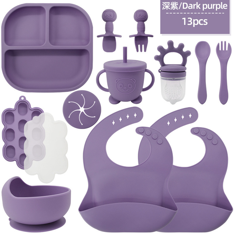 Bavoirs violet foncé-2 carrés petite ventouse bol ours tasse collation