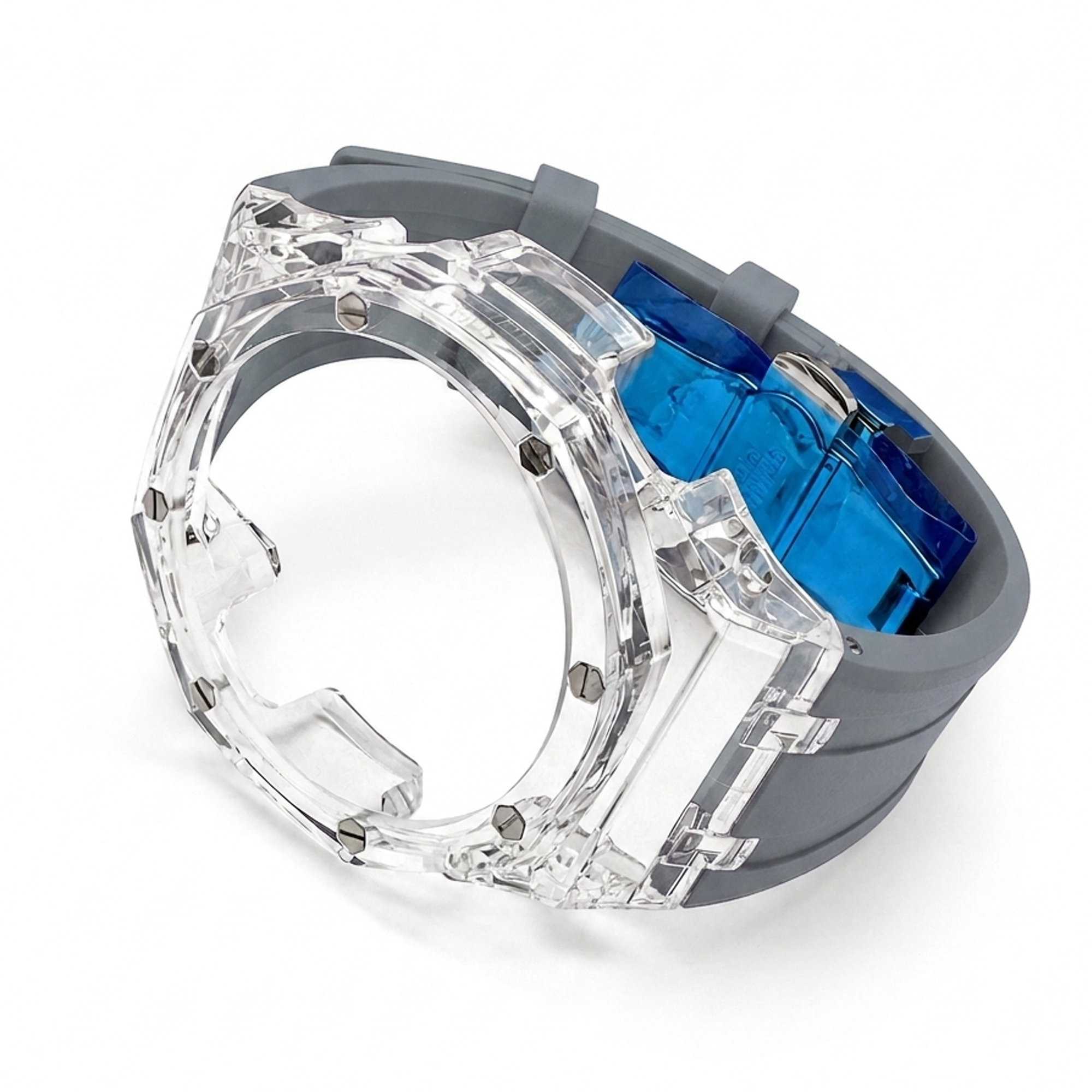 Boîtier transparent, bracelet gris.