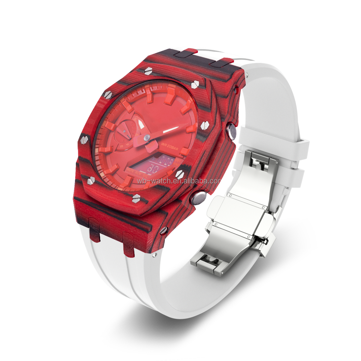 Boîtier de montre en fibre de carbone rouge + ruban adhésif blanc