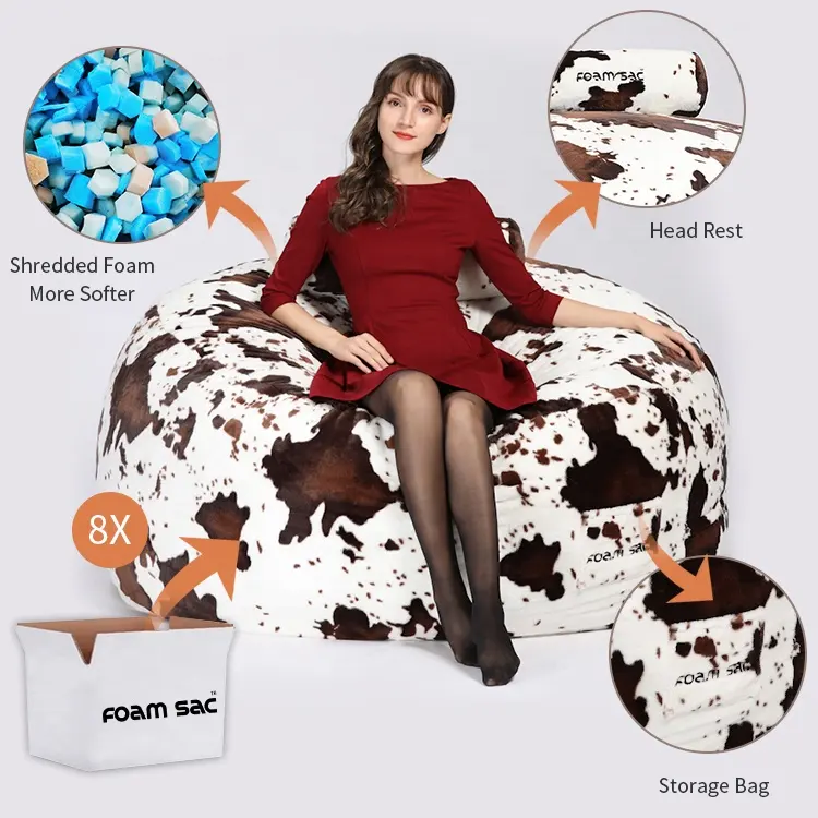 Saco de espuma personalizado de tamaño 3, 4, 5, 6, 7, 8 y 9 pies, cojín redondo de espuma comprimida con patrón de vaca, sofá cama, silla grande