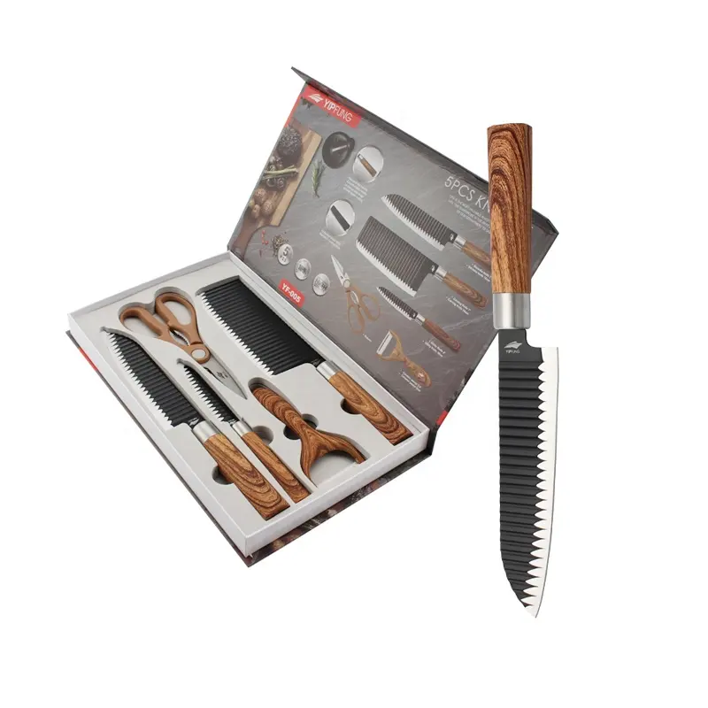 YIPFUNG 5 pièces ensemble de couteaux de cuisine lame en relief en acier inoxydable avec revêtement antiadhésif et poignée de revêtement de grain de bois ABS