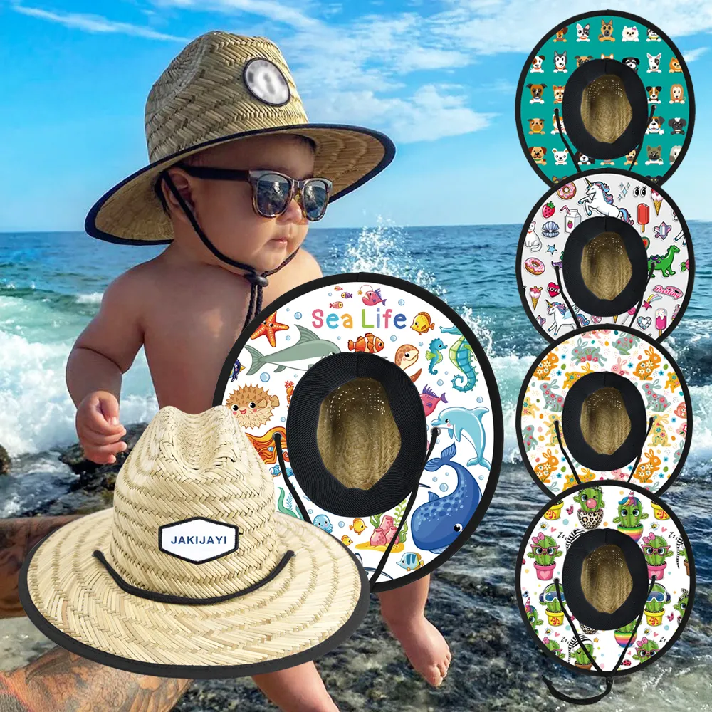 Estate logo personalizzato fondo tessuto design bambini bambino spiaggia cappello di paglia erba naturale bambino neonato bambini ragazza bagnino cappello di paglia