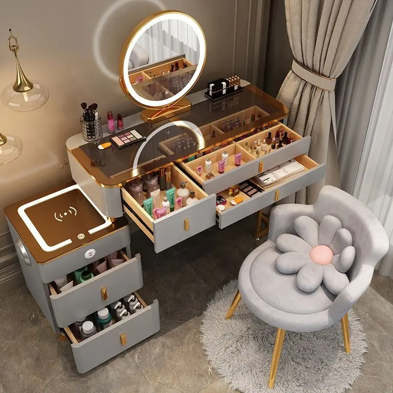 Modern Style Furniture Vanity maquiagem Dresser set um conjunto Design Metal Pés Quarto Dressing Table com Espelho LED