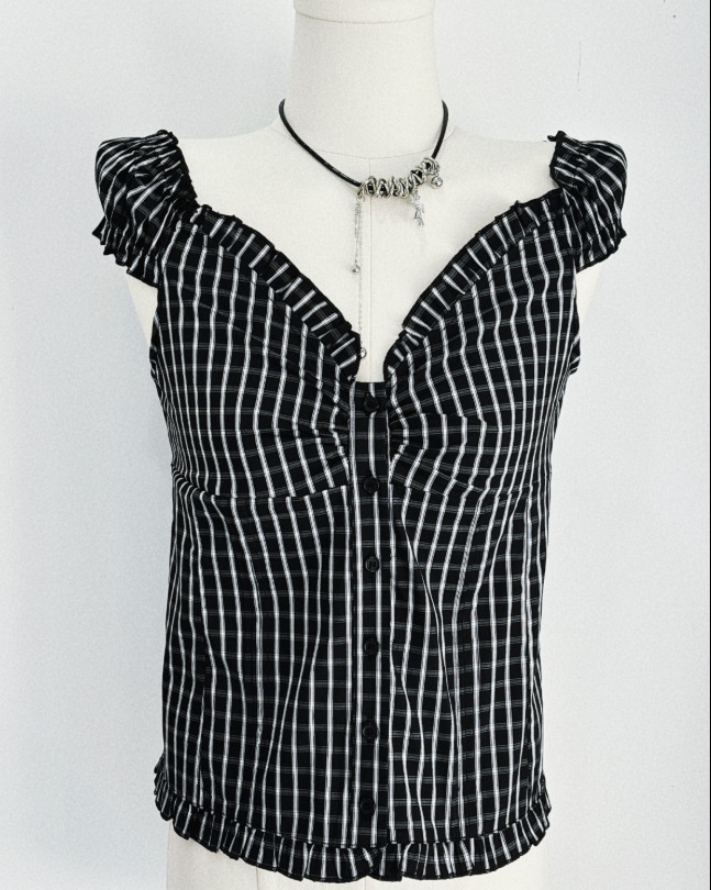 Camicia a quadri a maniche corte con pieghe scure