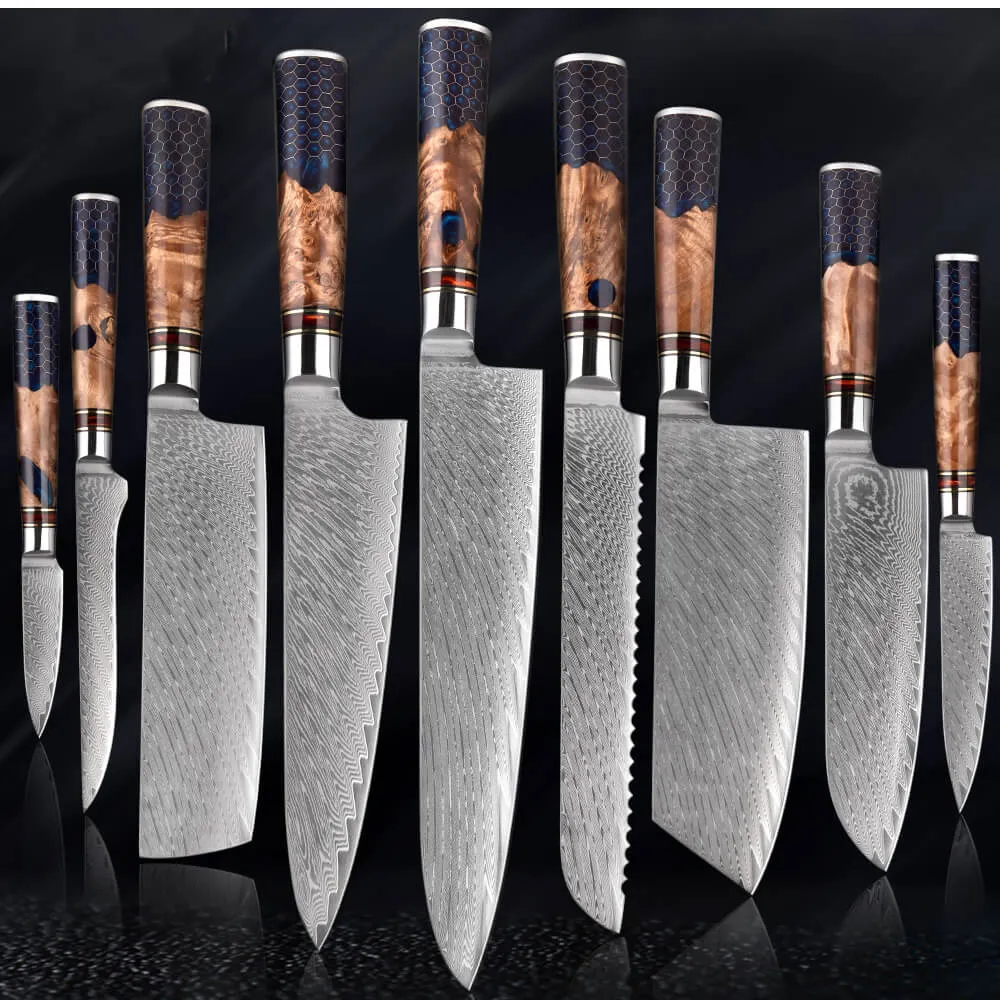 Hot Sale Geschmiedeter Griff Japanischer Damaskus Stahl Chef Santoku Carving Utility Messer Küchenmesser Set