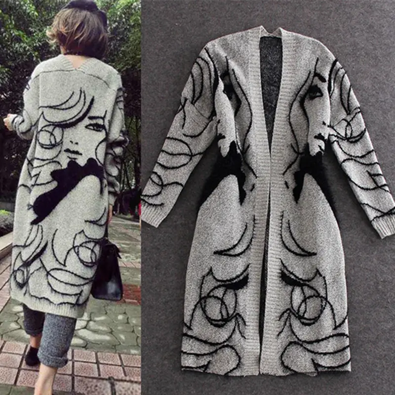 Cardigan de inverno feminino, casaco grosso de manga comprida com acima do joelho