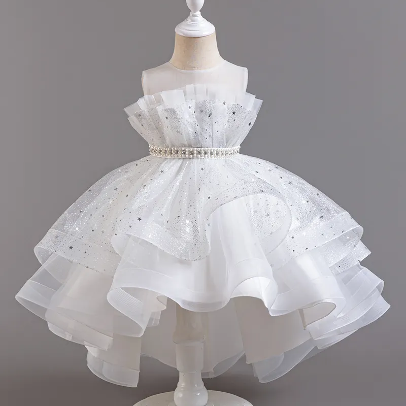 High Quality Kids Lace Dress Girls Sleeveless White Dresses Summer Puffy Trailing Skirt Birthday Party Flower Girl Evening Dress