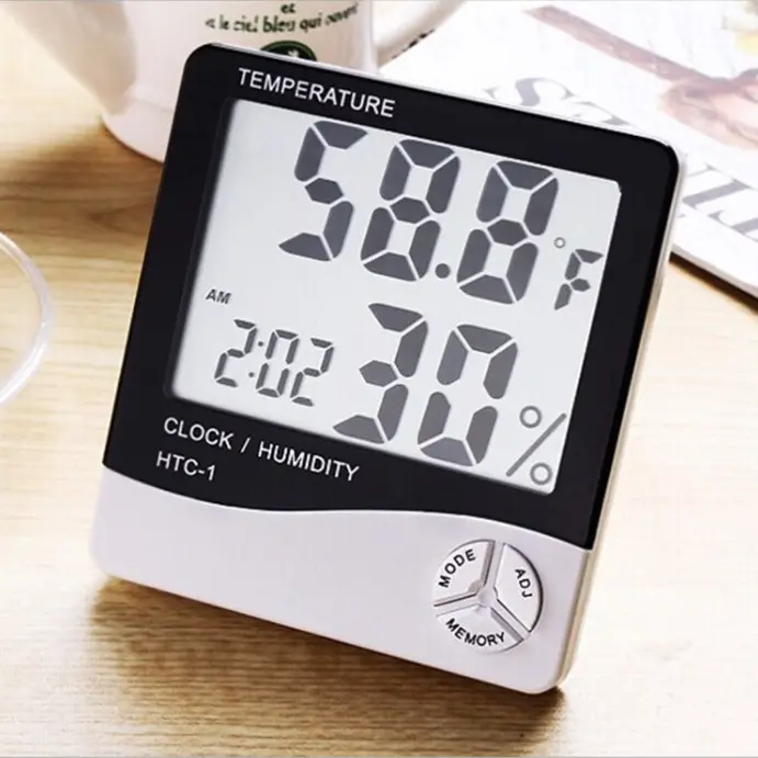 Thermomètre Hygromètre Electronique Numérique LCD pour Intérieur et Extérieur Station Météo Horloge HTC-1 HTC-2