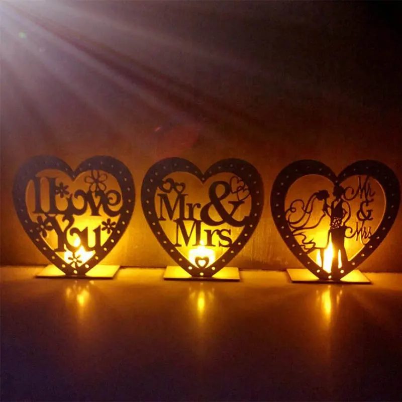 Wooden Mr & Mrs Heart Shape Romantic PendantとLED Candle Light Wedding Decoration Wedding Love Shape Wood Crafts