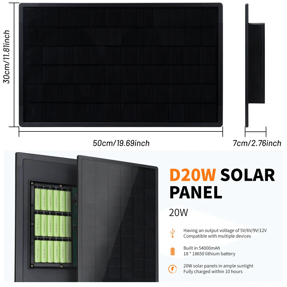 Painel solar da câmera Wifi construído na bateria 18650 20w 12v recarregável ao ar livre impermeável para a exploração agrícola