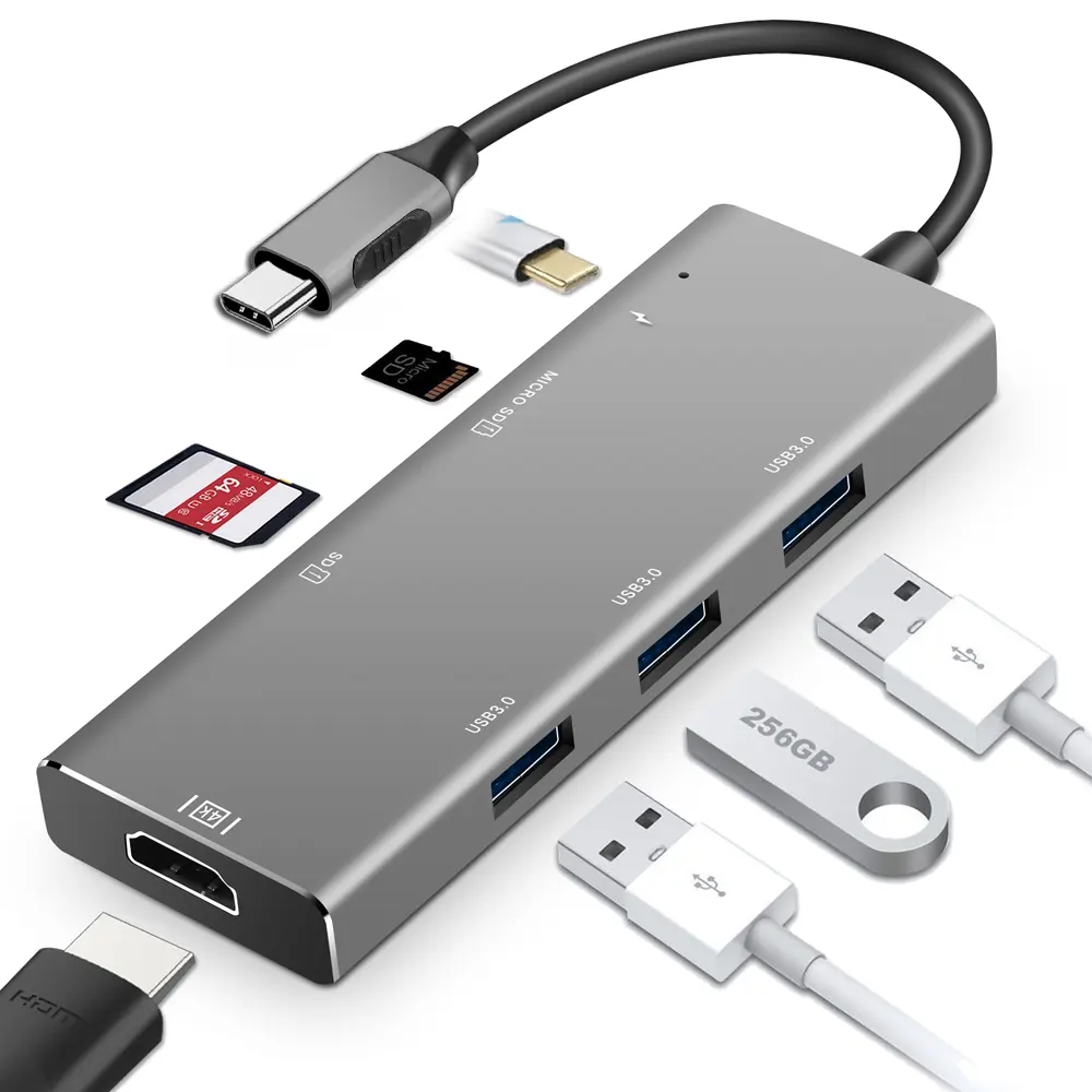 7 in 1 USB C to 4Kハブ、PD充電、TF/ SDカードスロット、Macbook Pro /Air用USB 3.0、Samsung S10、S20、S21など