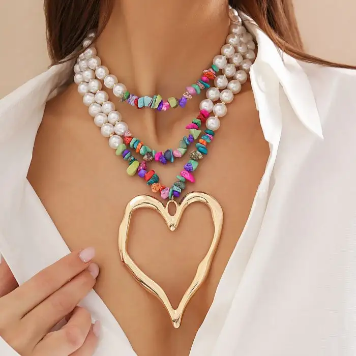 Elegante Big Love Heart Anhänger Choker Halskette für Frauen Multilayer Imitation Pearl Türkis Perlenkette Schmuck Punk Geschenk