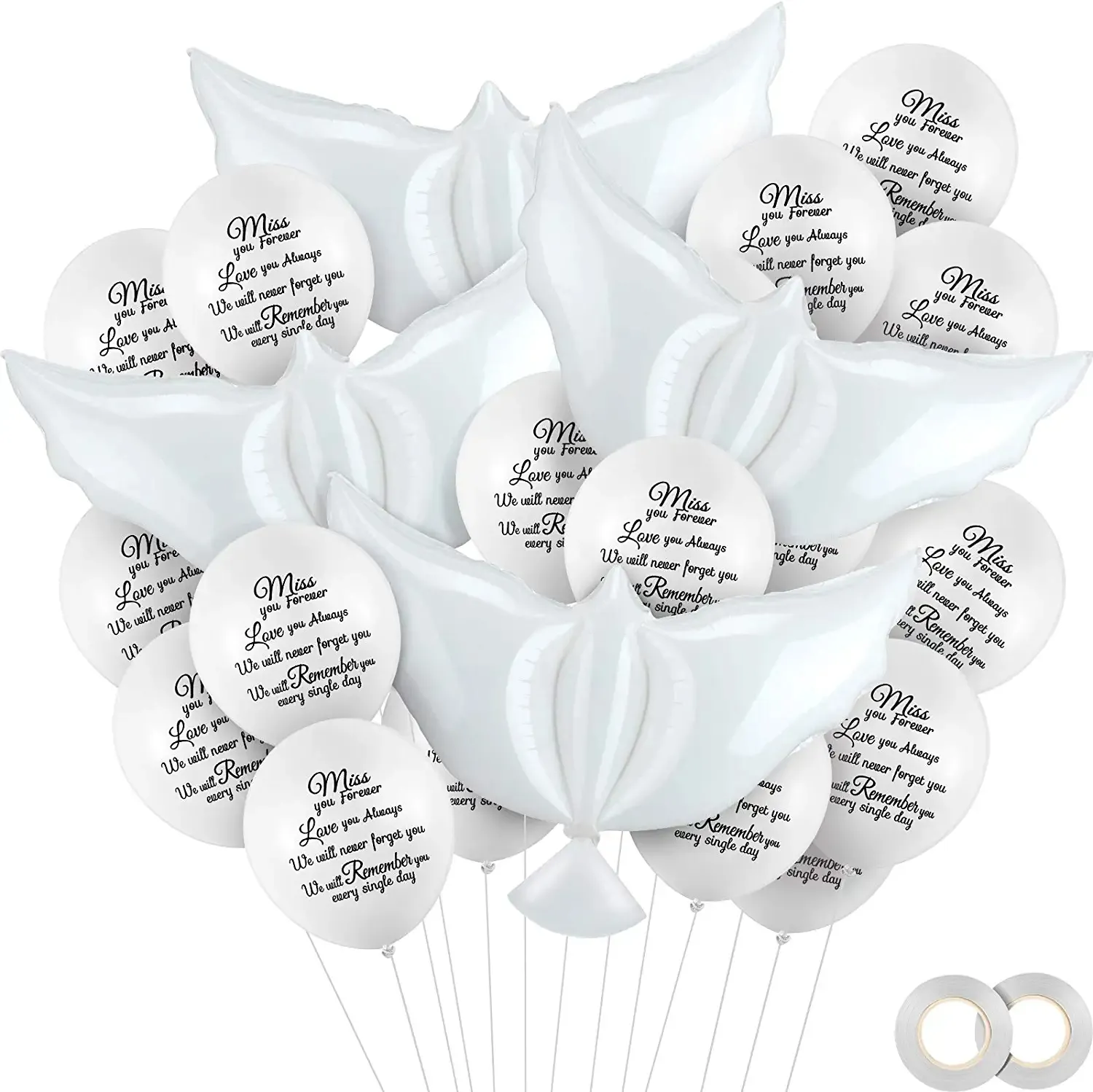 Nicro wholesale 26pcs 12Inch Memorial Balloons Set Dove Bird White Memorial Funeral Celebration Life Latex Balloons with Ribbons