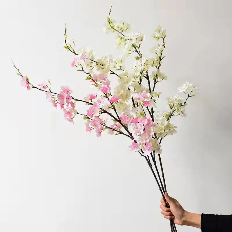 YIWAN wholesale 4 fork long pole cherry blossom Artificial Flowers Handmade cherry blossom Home Party decoration for wedding