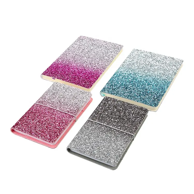 A5 Kustom Desain Glitter PVC Isi Ulang Notebook Pencetakan Pabrik Cina Jurnal Harian Perencana Notebook Grosir dengan Pita Elastis