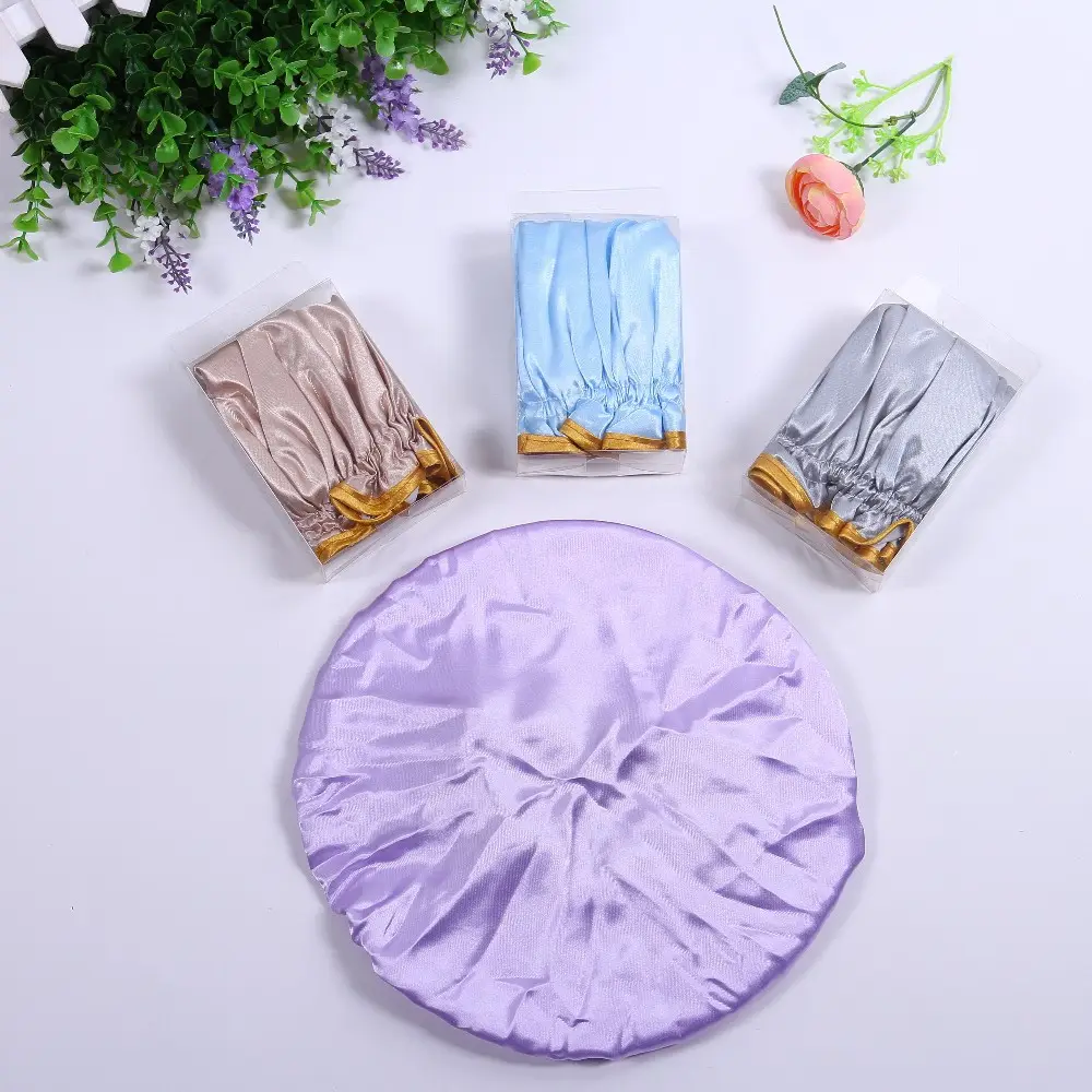 Custom Luxury Colored Peva Shower Cap Solid Color Satin Bonnets For Ladies