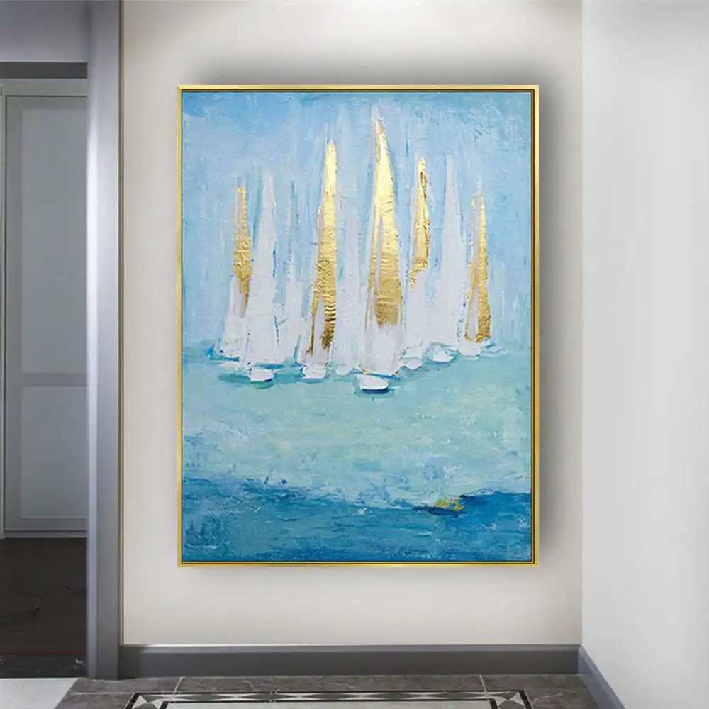 Moderno veleiro abstrato azul na imagem do mar paisagem personalizado 100% pintados à mão lona abstrata pintura a óleo parede arte decoração