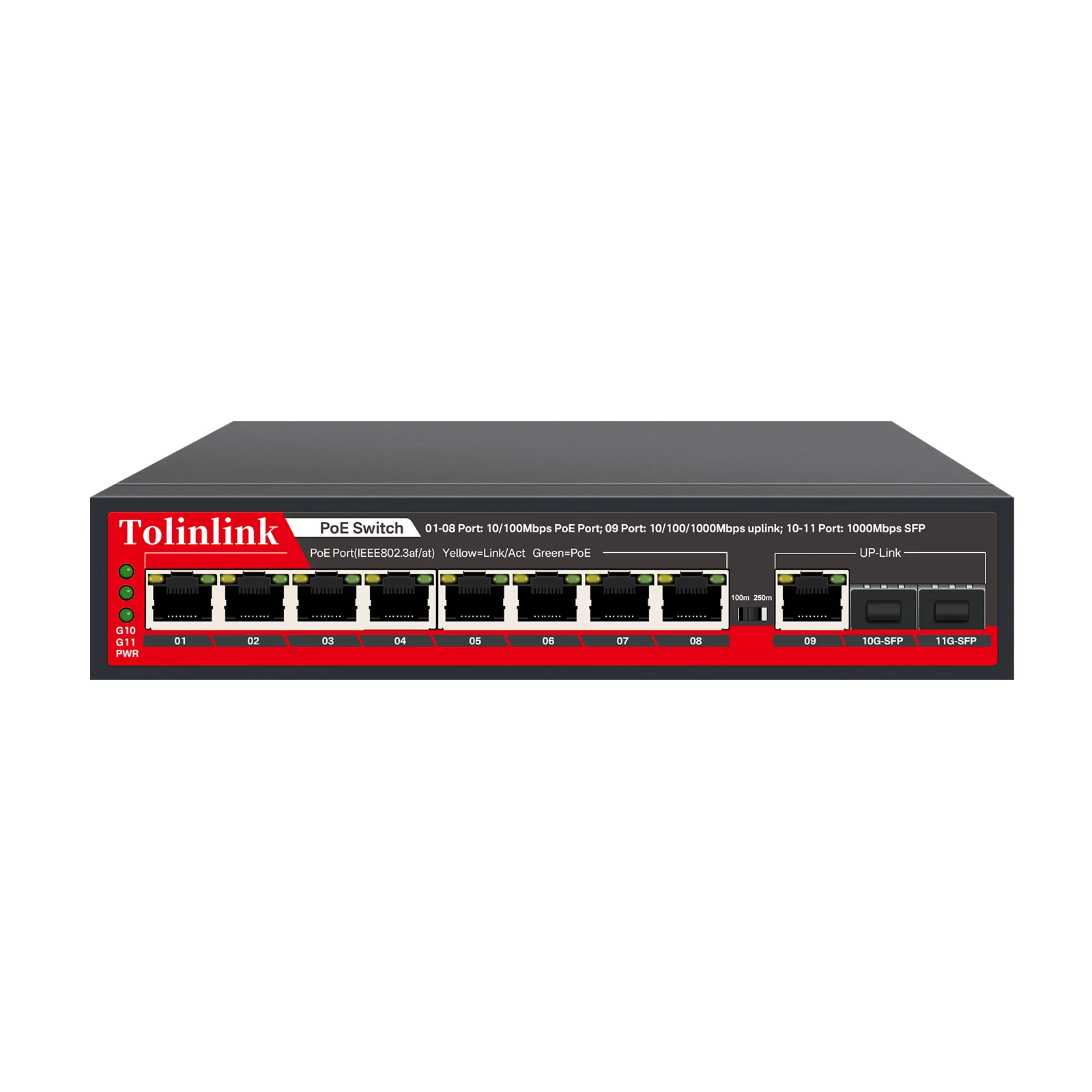 Tolinlink 8 porta 10/100M con 1*1000M Uplink + 2 * Gigabit SFP interruttore PoE esterno 120W