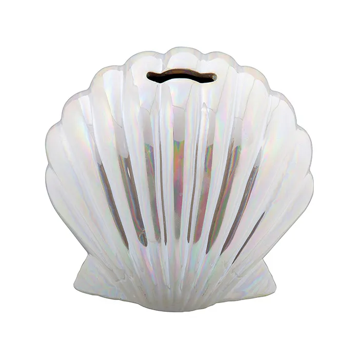 Hucha de cerámica con carcasa de sirena blanca iridiscente, decorativa