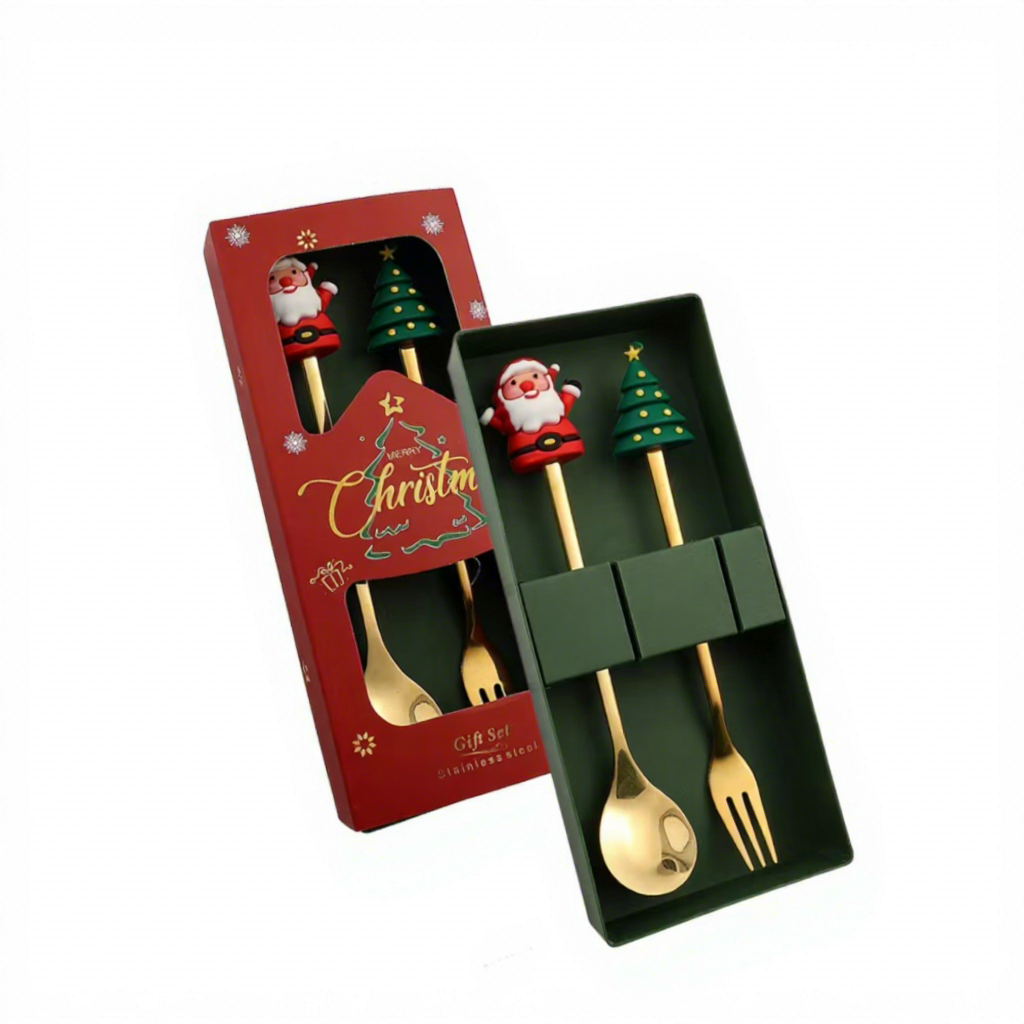 Ensemble de couverts 2 pièces (cuillère et fourchette) dorés, boîte rouge assortie - Père Noël et renne.